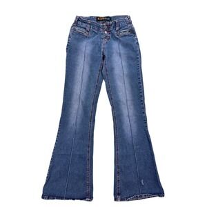 Y2K Super Flare Women's Jeans Size 5 Blue Zip Pockets Low Rise Illegal Brand
